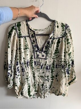 ba&sh Cream Blouse with Green & Navy Floral Print